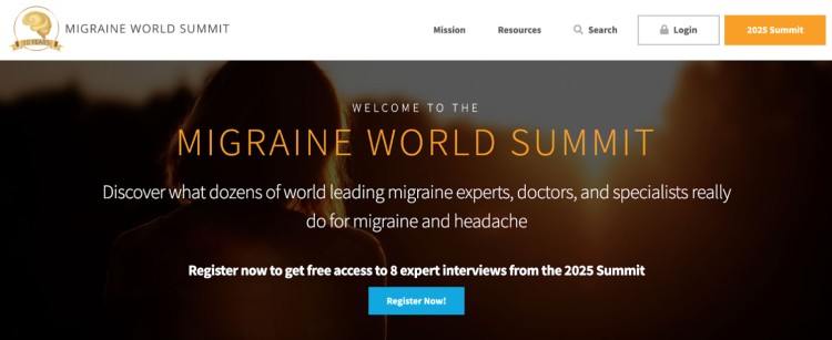 Screenshot of the Migraine World Summit homepage, showing a health summit brand name like what coaches in wellness or health niches might model.