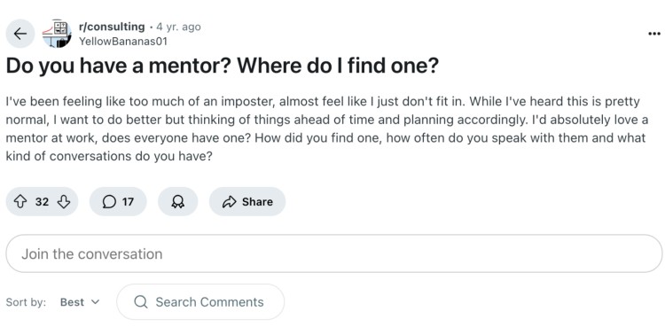 Reddit user seeking advice on where to find a consultant or mentor for career guidance.