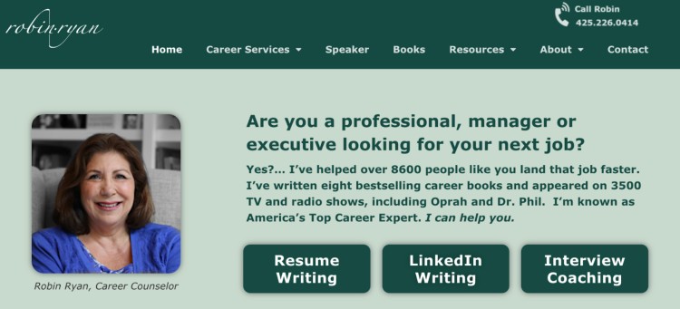 Homepage of Robin Ryan, a career counselor with extensive coaching experience offering resume writing, LinkedIn writing, and interview coaching for professionals, managers, and executives.