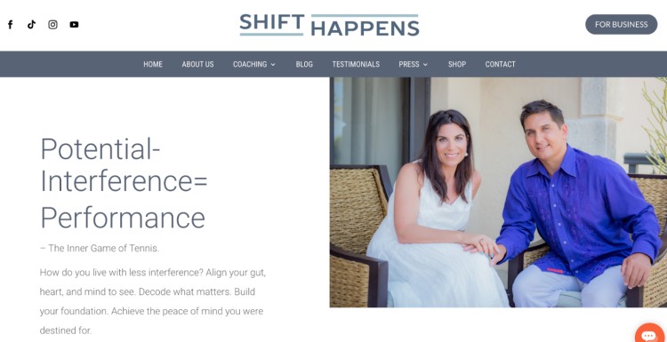Website screenshot of Shift Happens, a coaching brand focused on mindset and mental performance with a couple seated and smiling.