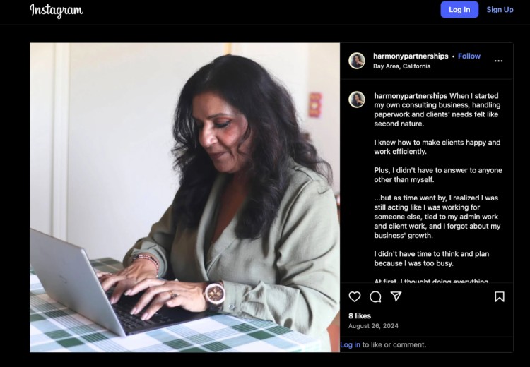 Instagram post showing a woman from Harmony Partnerships working on a laptop and sharing her experience building a successful business in consulting.