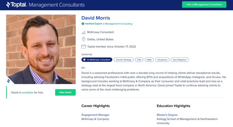Profile of David Morris on Toptal, a verified management consultant who focuses on helping businesses with growth strategy and valuations.