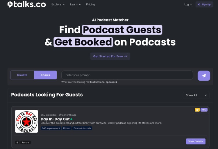 Use Talks.co to find podcast guest opportunities and get booked on shows, helping you attract clients and grow your business through visibility.