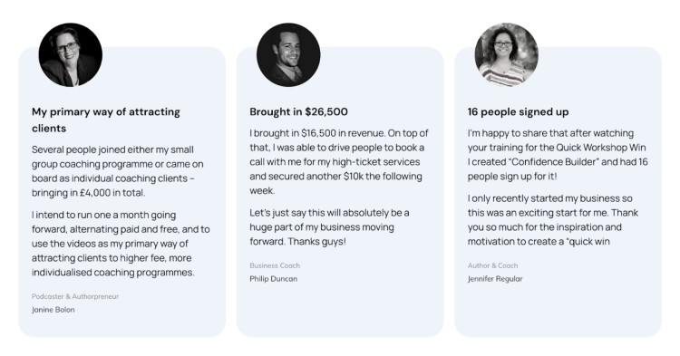 Three attendee testimonials highlighting revenue growth, new sign-ups, and client acquisition results from joining a virtual coaching event.