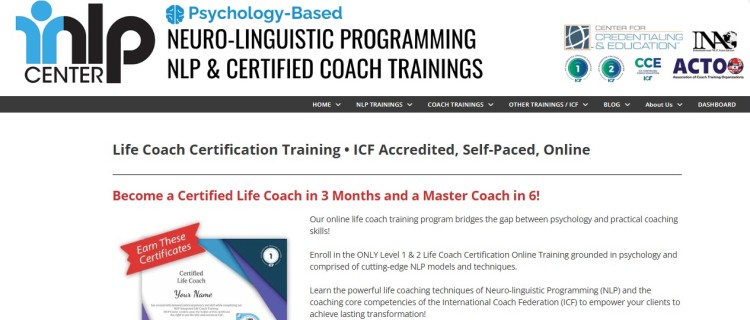 Online training program for becoming a certified life coach through the NLP Center, offering ICF-accredited, self-paced courses in Neuro-Linguistic Programming and coaching.