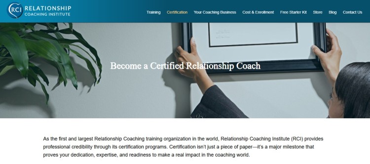 Website screenshot from Relationship Coaching Institute showing certification details for becoming the best relationship coach.