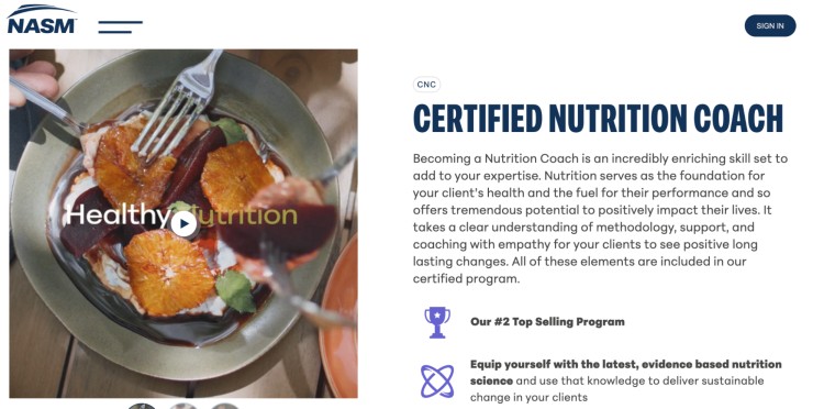 Certified Nutrition Coach qualification page from NASM, showing the benefits of acquiring a nutrition certification to enhance your expertise in health and performance.