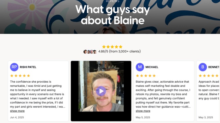 Screenshot of male client testimonials about Blaine’s coaching sessions, showing high satisfaction ratings and personal success stories.