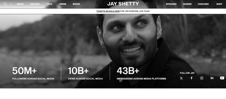 Jay Shetty’s personal brand example, with over 50 million followers, 10 billion views, and 43 billion impressions across social media and media platforms.