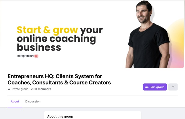 Liam Austin stands beside a bold headline promoting Entrepreneurs HQ, a Facebook group that supports coaches, consultants, and course creators in growing their business through systems and consultation.