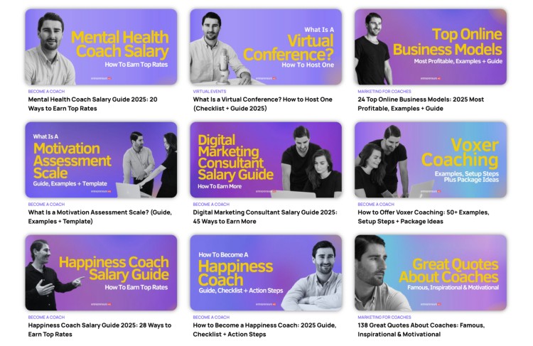 Example of blogs with actionable strategies, featuring guides for coaching salary, virtual events, and business models.