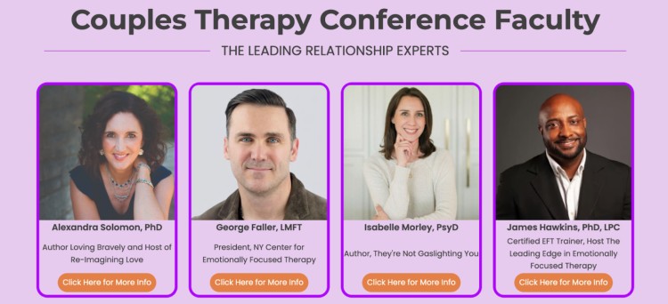 Conference faculty for a couples therapy event, featuring four expert speakers conducting virtual sessions on emotionally focused therapy and relationship healing.
