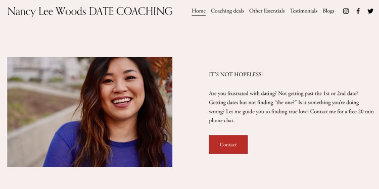 Nancy Lee Woods smiling on her date coaching website, offering support to people looking to hire a relationship coach.