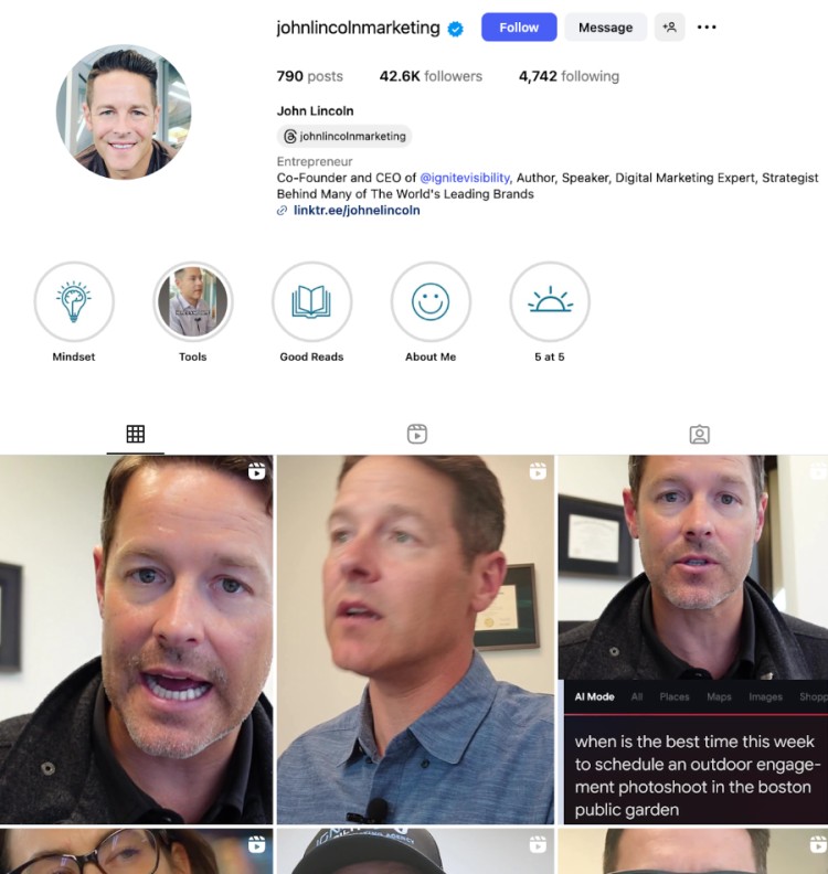 Impactful Instagram profile of John Lincoln, a verified digital marketing expert and CEO of Ignite Visibility, showcasing video content and strategic marketing insights.