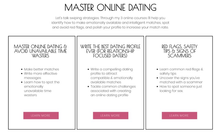 A visual overview of three online dating courses designed to help users invest in smarter dating strategies by improving their profiles, spotting red flags, and avoiding emotionally unavailable matches.
