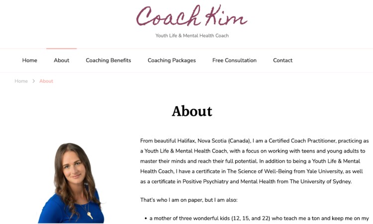 Screenshot of Coach Kim's About page describing her background as a youth life and mental health coach with expertise in mental well-being.