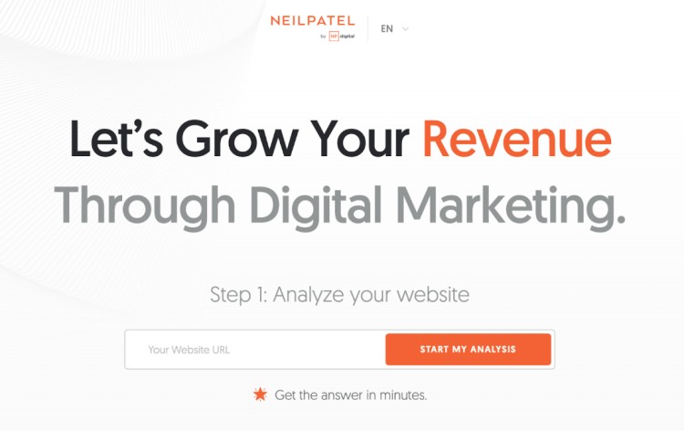  Neil Patel’s homepage offering a free website analysis tool for digital marketing advancement.