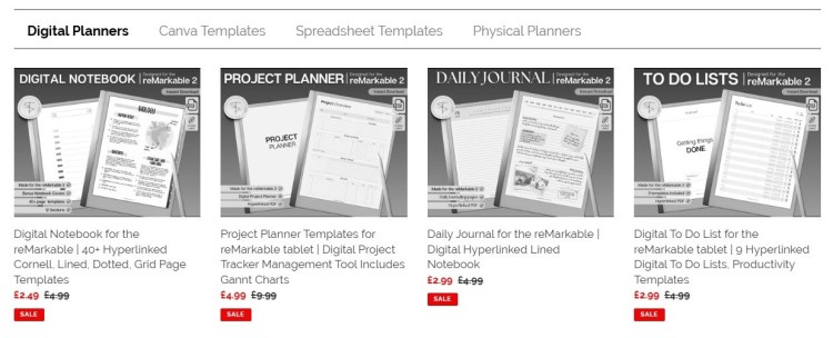 Screenshot of an online store showcasing digital planners for the reMarkable tablet, including a digital notebook, project planner, daily journal, and to-do lists.