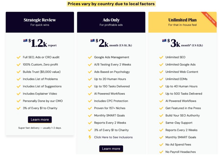 Pricing comparison of three digital marketing service plans showing how clients can pay as much as needed based on their goals.