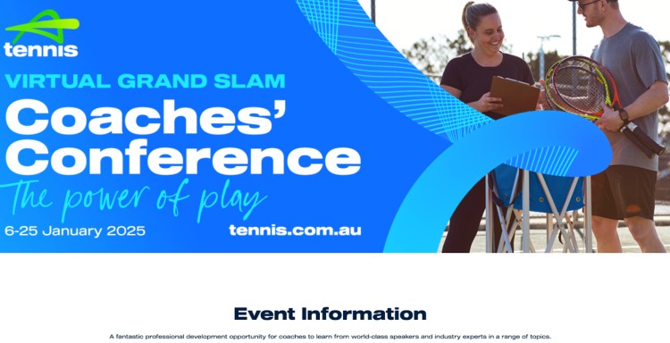 Promotional banner for the Tennis Virtual Grand Slam Coaches' Conference with the theme "The Power of Play" including dates, website, and a visual of coaches discussing the conference agenda.
