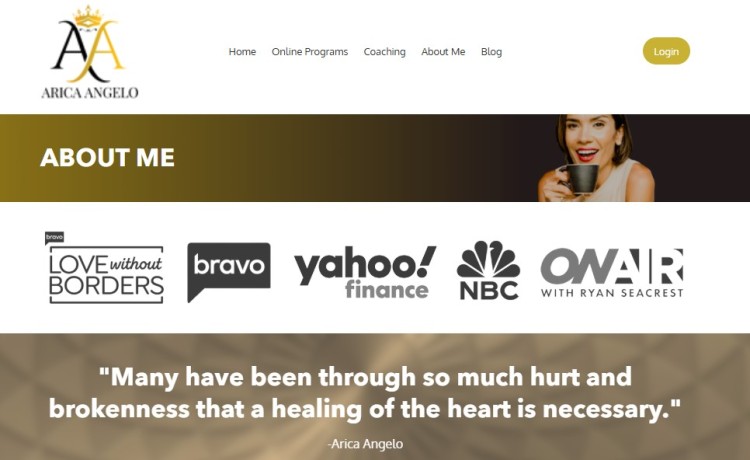 About Me page of Arica Angelo, relationship coach, featuring media logos and inspirational quote