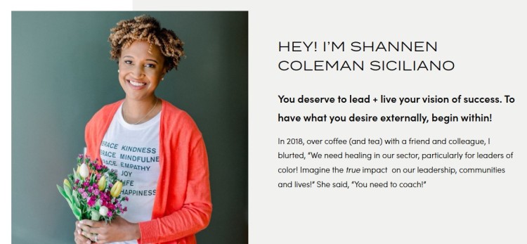 Certified coach Shannen Coleman Siciliano smiling while holding flowers, promoting leadership and personal success.