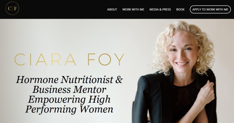 Ciara Foy website highlighting her unique blend of hormone nutrition and business mentoring for high-performing women