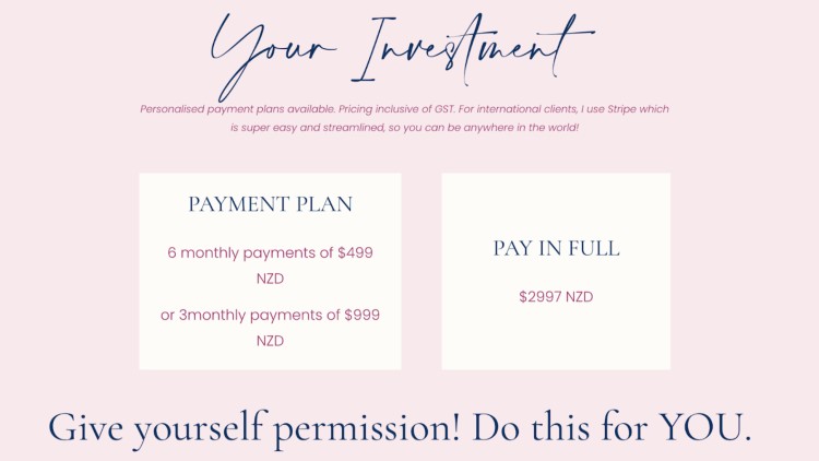 Coaching packages example showing payment plan and pay in full pricing options