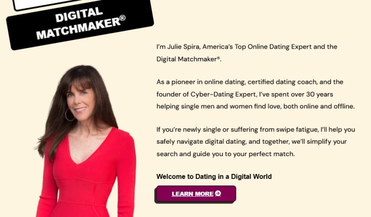 Julie Spira, an online dating coach in a red dress, standing beside text about how a coach can help navigate digital dating and find love