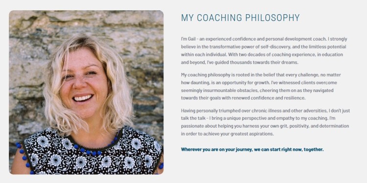 Confidence coach smiling in front of a stone wall with text explaining how a coach helps their clients build resilience and achieve goals