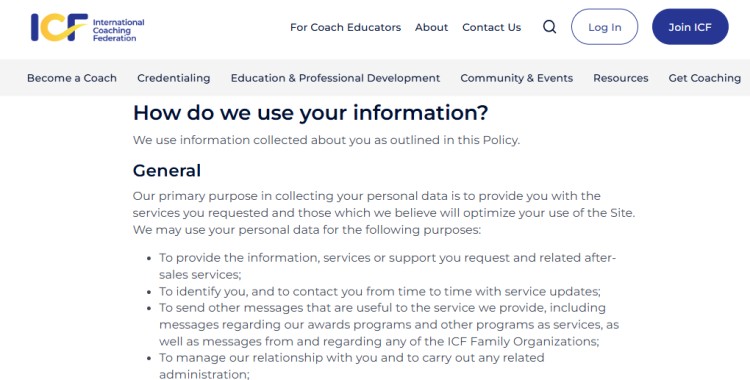 ICF website section explaining how personal information is used