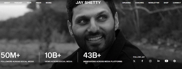 Jay Shetty coach profile highlighting over 50M followers, 10B views, and 43B impressions across social media platforms