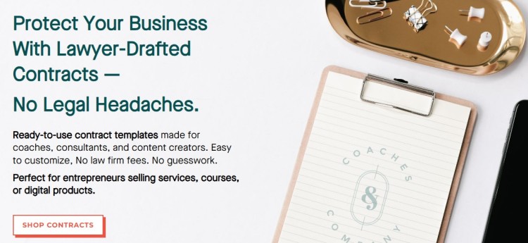 Clipboard and legal tools beside a message about lawyer-drafted contracts for coach-client relationship protection