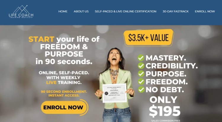 Life Coach Training Institute webpage promoting affordable life coach certification with online and self-paced options