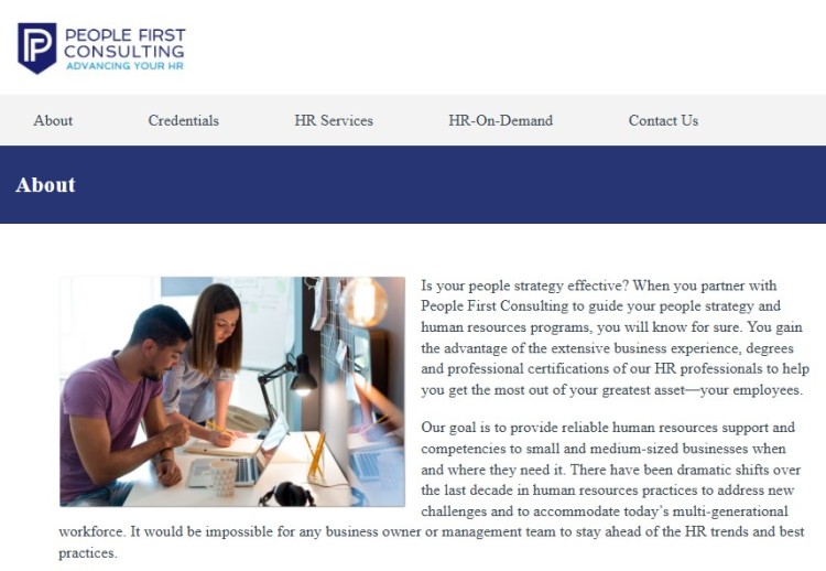 People First Consulting about page showcasing HR services and company values that highlight a strong brand identity
