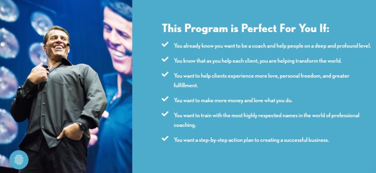 Tony Robbins presenting details about a coach training program highlighting benefits for aspiring coaches who want to transform lives and build a business