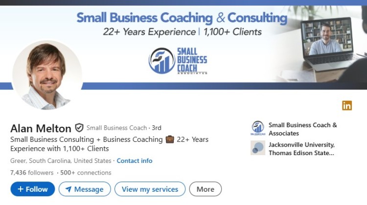 LinkedIn profile screenshot of Alan Melton highlighting his experience in small business coaching and consulting, showing how coaching involves guiding business owners with 22+ years expertise and 1,100+ clients.
