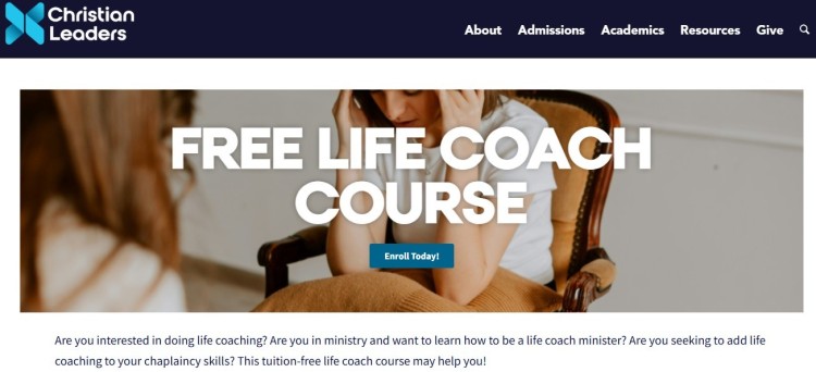 Christian Leaders Institute webpage promoting a free course in life coaching designed for ministry leaders and individuals wanting to expand their chaplaincy and coaching skills.