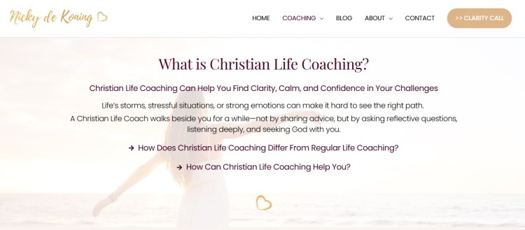 Website section explaining how Christian life coaches guide and empower clients to find clarity, calm, and confidence in their challenges
