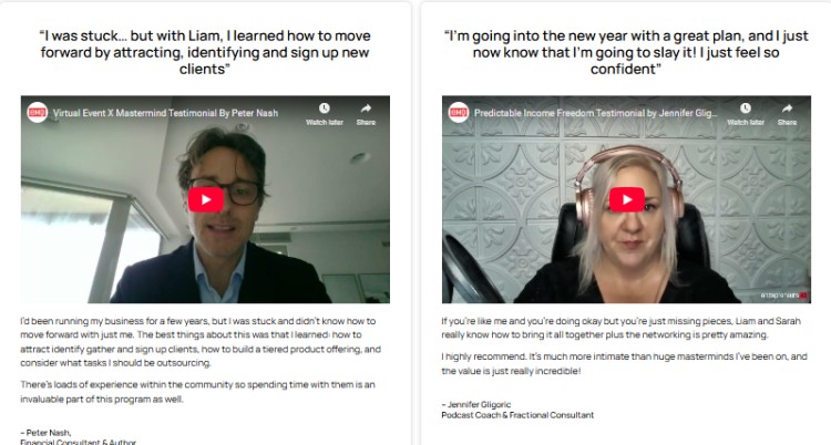 Client video testimonials highlighting the value of coaching relationships with Liam and Sarah for business growth and confidence