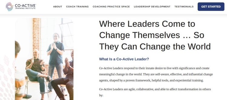 Co-Active Training Institute webpage banner describing how leaders transform themselves to create global change, highlighting the importance of good leadership through frameworks, tools, and experiential training.
