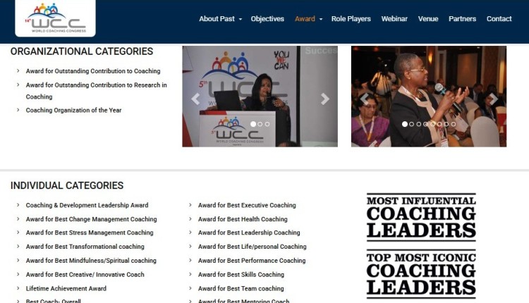 World Coaching Congress awards page listing categories for individuals and organizations, including leadership, health coaching, and organizational excellence