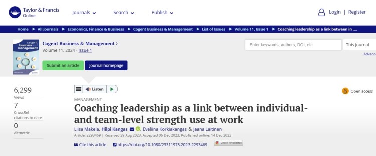 Screenshot of a Taylor & Francis Online article titled Coaching leadership as a link between individual and team-level strength use at work, showing how coaching leadership fosters workplace development.