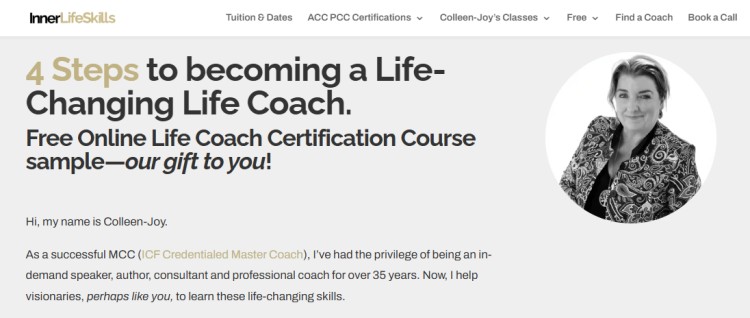 InnerLifeSkills course preview showing 4 steps as a complete guide to becoming a certified life-changing life coach with Colleen-Joy