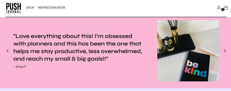 Push Journal planner testimonial highlighting productivity benefits with quote and image of planner, showing how digital products are delivered with ease for goal achievement.