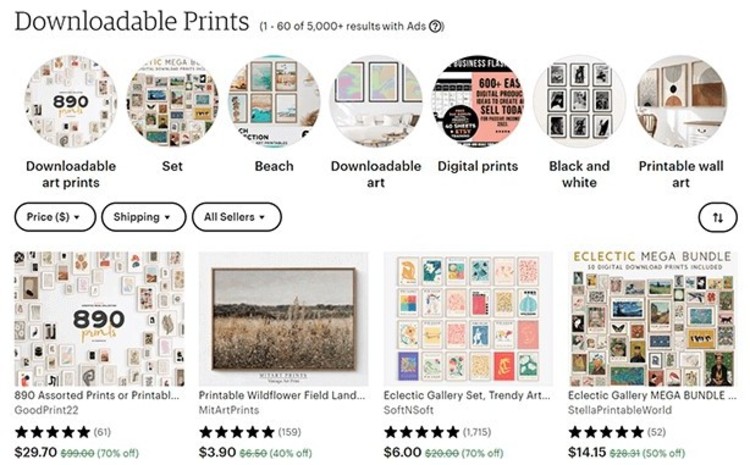 Downloadable prints and digital artwork bundles on Etsy featuring assorted prints, wall art sets, wildflower landscapes, and eclectic gallery collections.