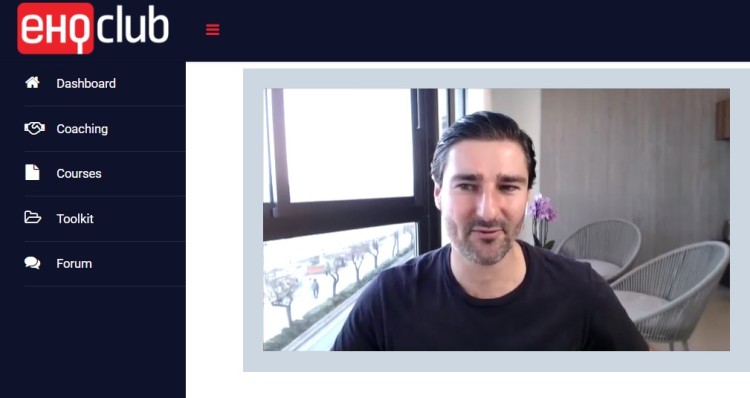 Screenshot of a business-related coaching session with a coach speaking on the EHQ Club dashboard interface.