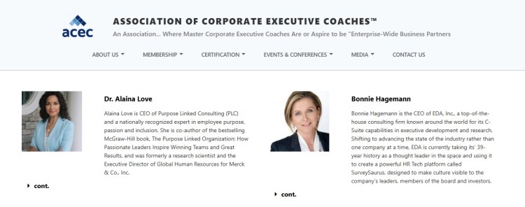 Association of Corporate Executive Coaches webpage highlighting leaders like Dr. Alaina Love and Bonnie Hagemann who exemplify excellence in executive coaching