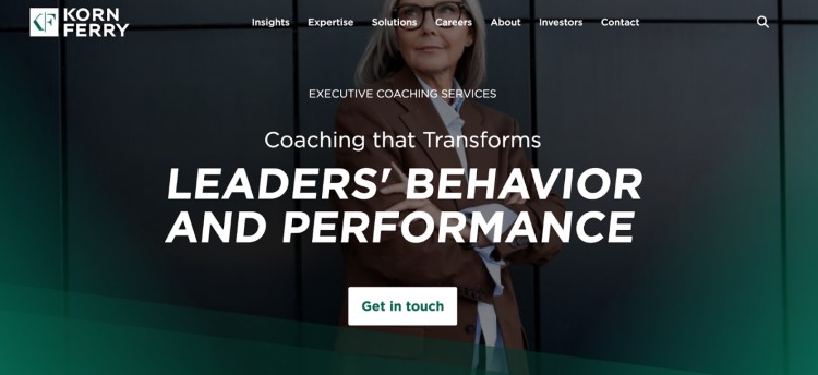 Korn Ferry executive coaching webpage showing how leaders become better able to transform their behavior and performance