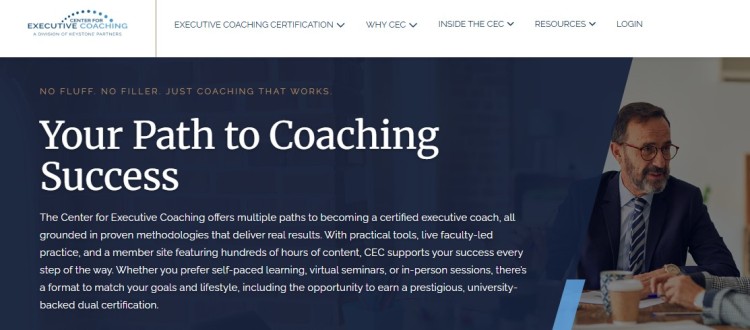 Executive coaching certification program webpage banner highlighting your path to coaching success and how it supports career growth through proven methodologies, faculty-led training, and certification.